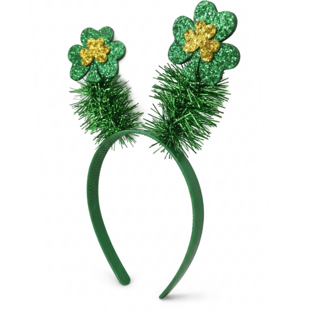Pack 12 Diademas de San Patricio con Tréboles de Purpurina y Oropel | Accesorio de Disfraz Irlandés Talla Única Ajustable | Lote para Grupos, Fiestas Temáticas y Carnavales | Color Verde y Dorado Premium