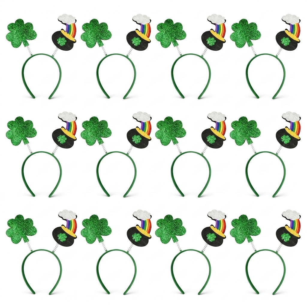 Pack 12 Diademas San Patricio - Accesorio de Disfraz Trébol y Caldero Arcoíris - Complemento Fiesta Temática, Carnaval y Photocall - Talla Única Ajustable (12 Unidades)
