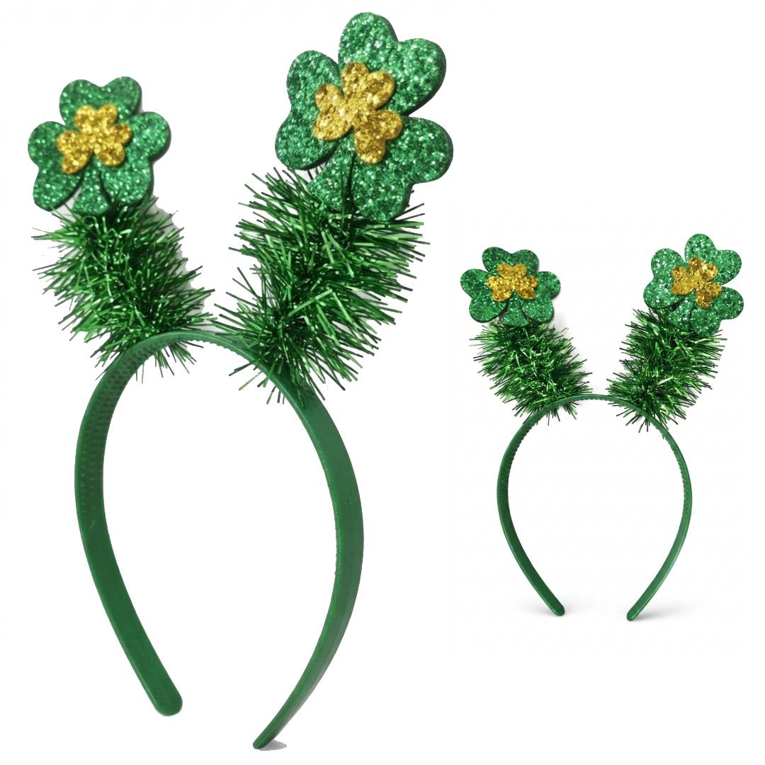 Pack 12 Diademas de San Patricio con Tréboles de Purpurina y Oropel | Accesorio de Disfraz Irlandés Talla Única Ajustable | Lote para Grupos, Fiestas Temáticas y Carnavales | Color Verde y Dorado Premium