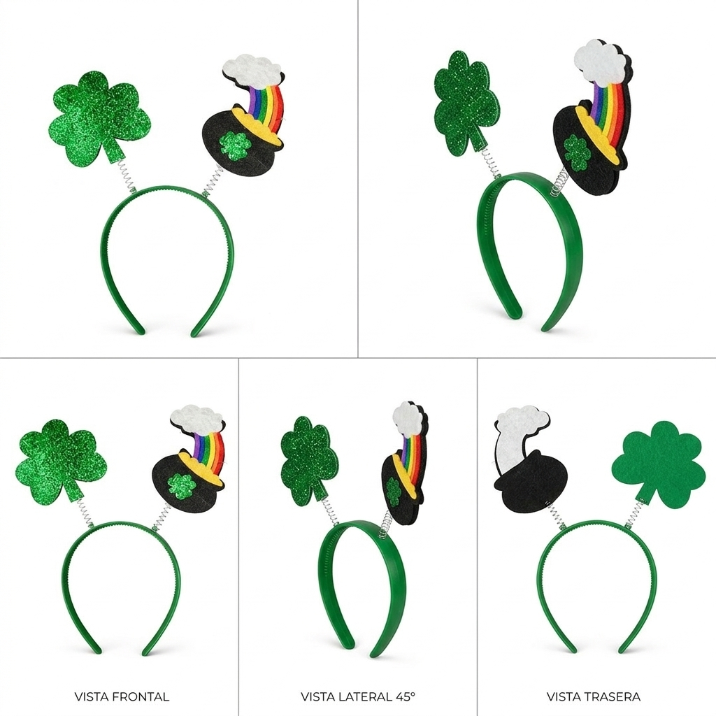 Pack 12 Diademas San Patricio - Accesorio de Disfraz Trébol y Caldero Arcoíris - Complemento Fiesta Temática, Carnaval y Photocall - Talla Única Ajustable (12 Unidades)