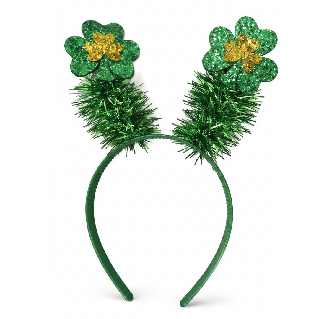 Pack 12 Diademas de San Patricio con Tréboles de Purpurina y Oropel | Accesorio de Disfraz Irlandés Talla Única Ajustable | Lote para Grupos, Fiestas Temáticas y Carnavales | Color Verde y Dorado Premium