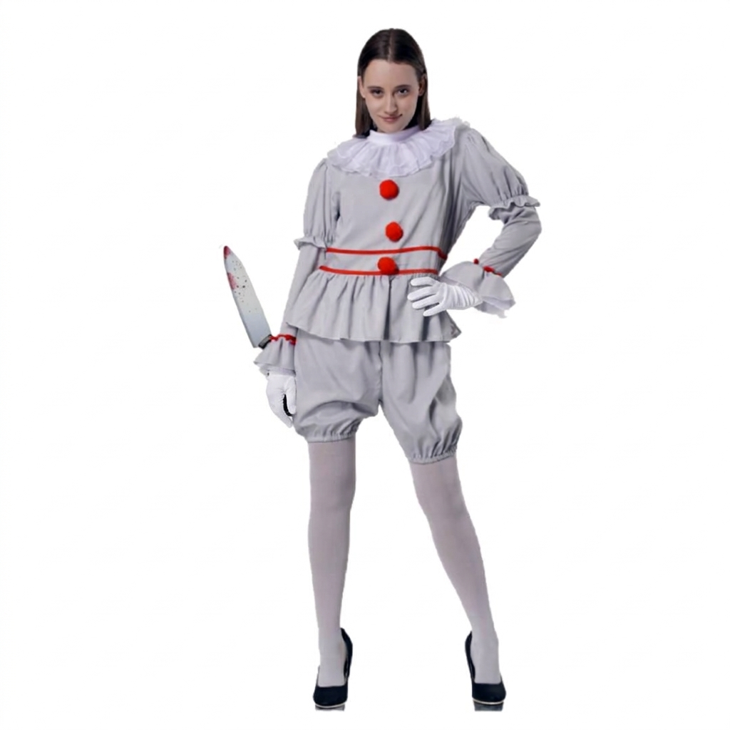 Disfraz de Payaso Siniestro para Mujer | Traje Adulto Gris de Terror con Pompones Rojos para Halloween y Carnaval