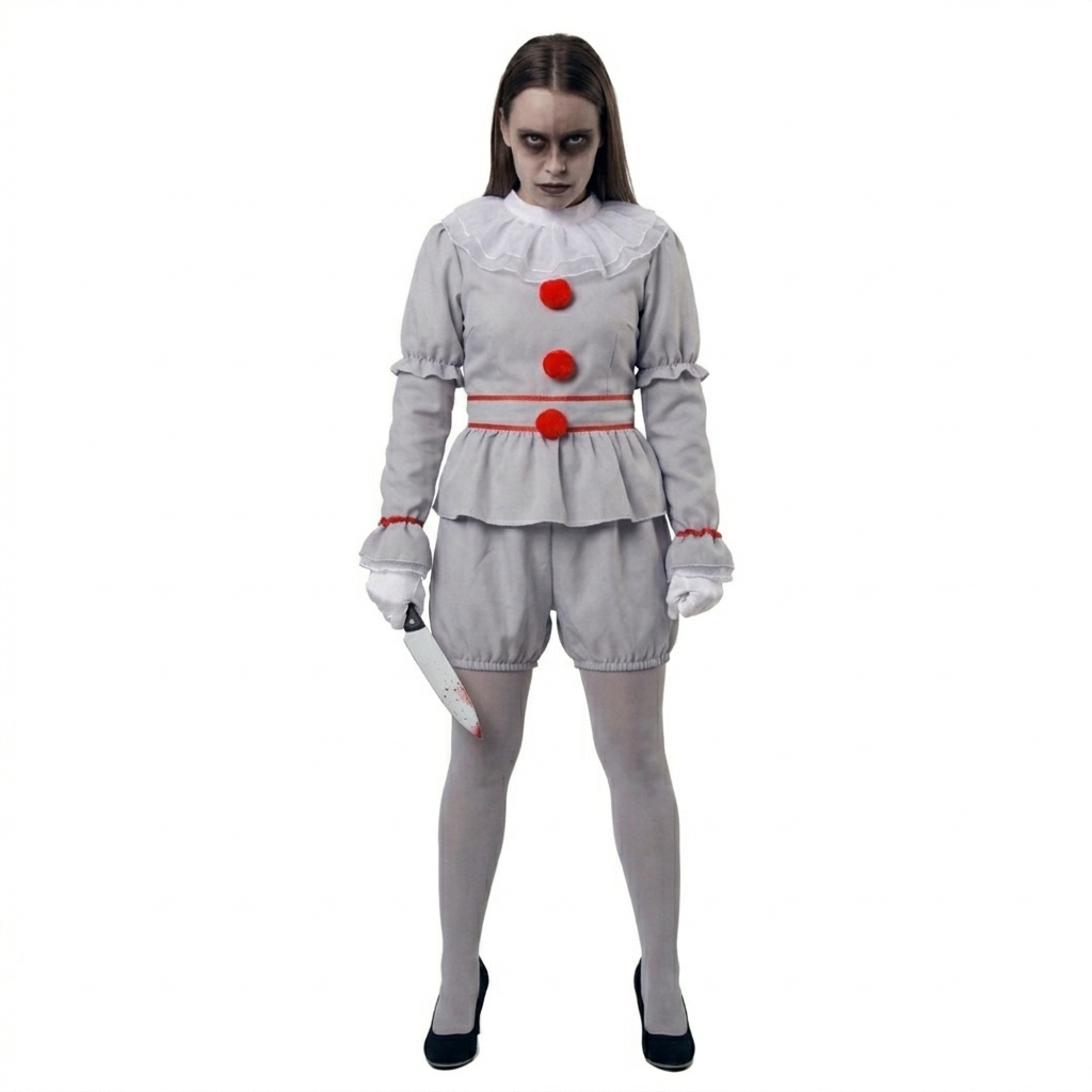 Disfraz de Payaso Siniestro para Mujer | Traje Adulto Gris de Terror con Pompones Rojos para Halloween y Carnaval