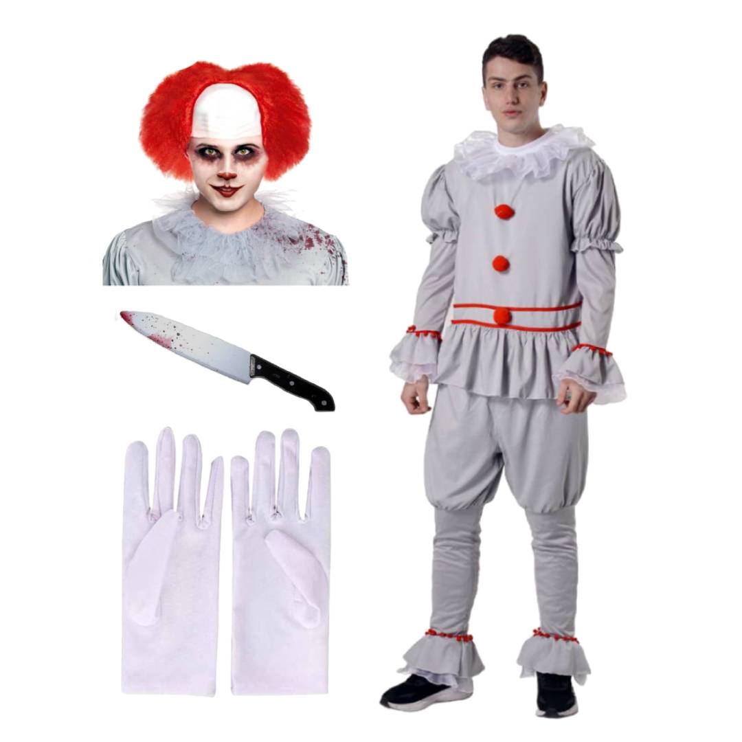 Disfraz de Payaso Siniestro con Peluca Roja y Cuchillo - Set Completo de Terror para Hombre, Tallas M-L-XL