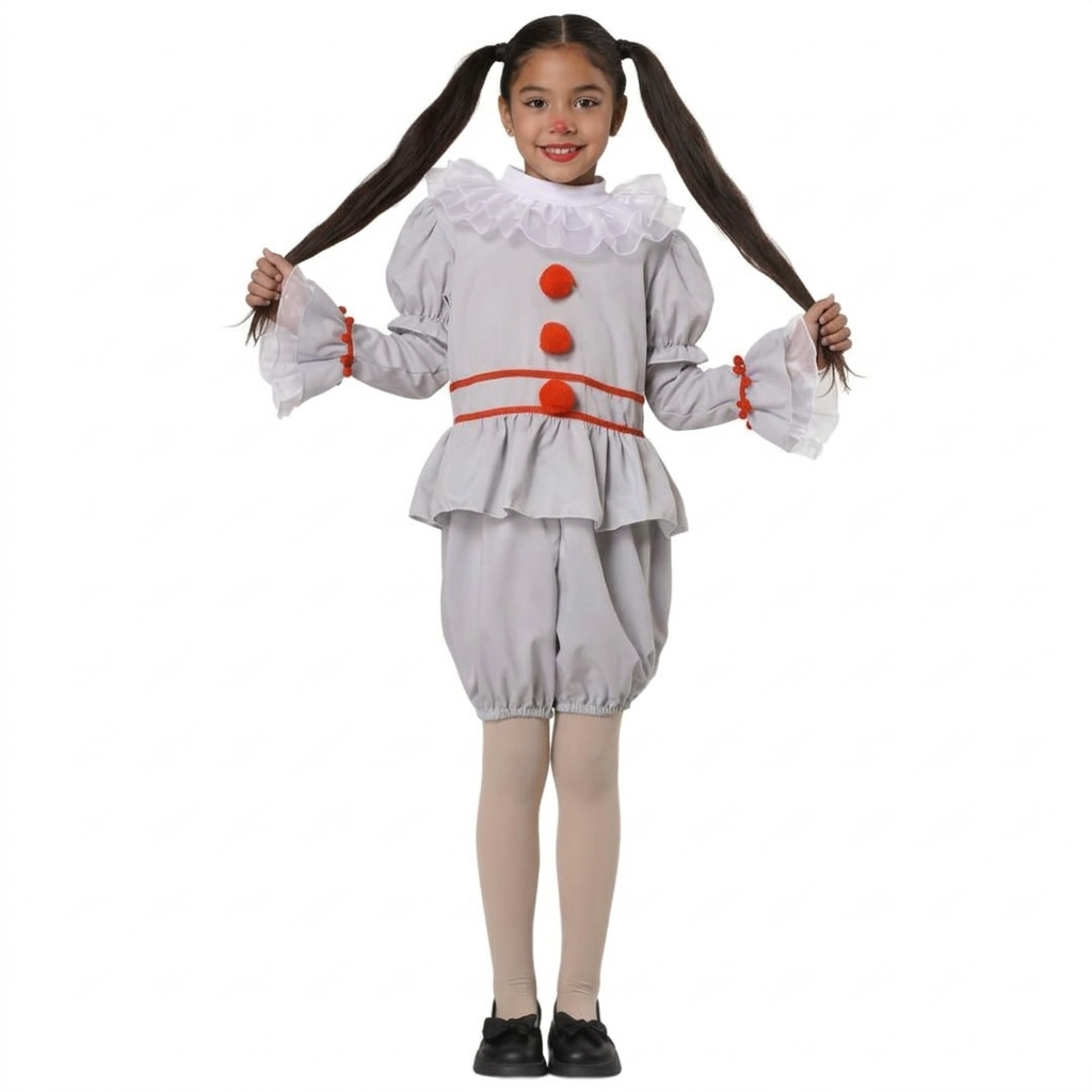 Disfraz de Payaso Siniestro para Niñas, Traje Gris de Terror con Pompones Rojos para Halloween y Carnaval