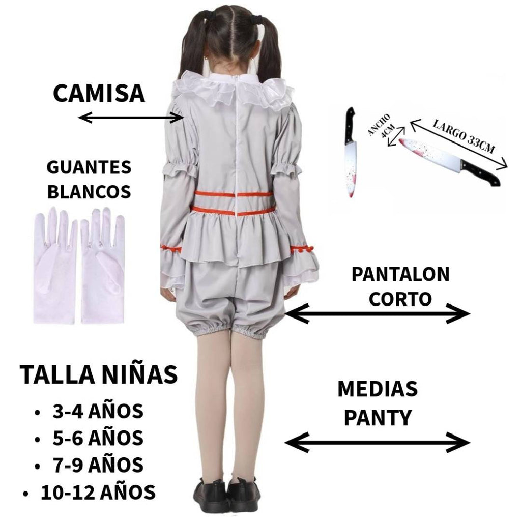 Disfraz de Payaso Siniestro para Niñas, Traje Gris de Terror con Pompones Rojos para Halloween y Carnaval