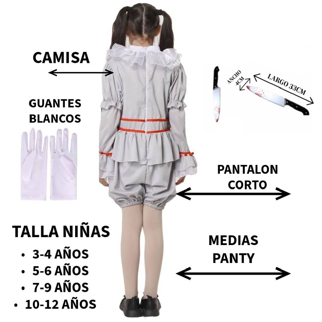 Disfraz de Payaso Siniestro para Niñas, Traje Gris de Terror con Pompones Rojos para Halloween y Carnaval