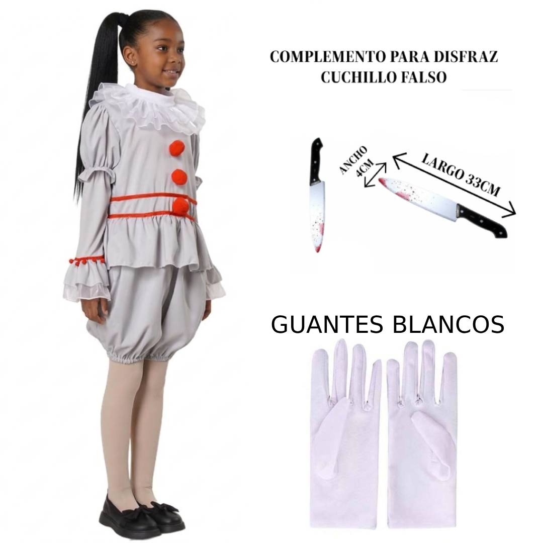 Disfraz de Payaso Siniestro para Niñas, Traje Gris de Terror con Pompones Rojos para Halloween y Carnaval
