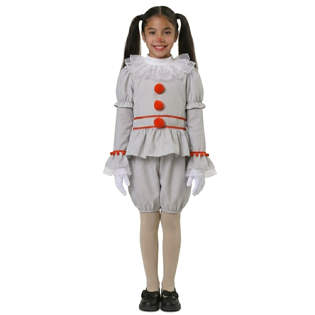 Disfraz de Payaso Siniestro para Niñas, Traje Gris de Terror con Pompones Rojos para Halloween y Carnaval