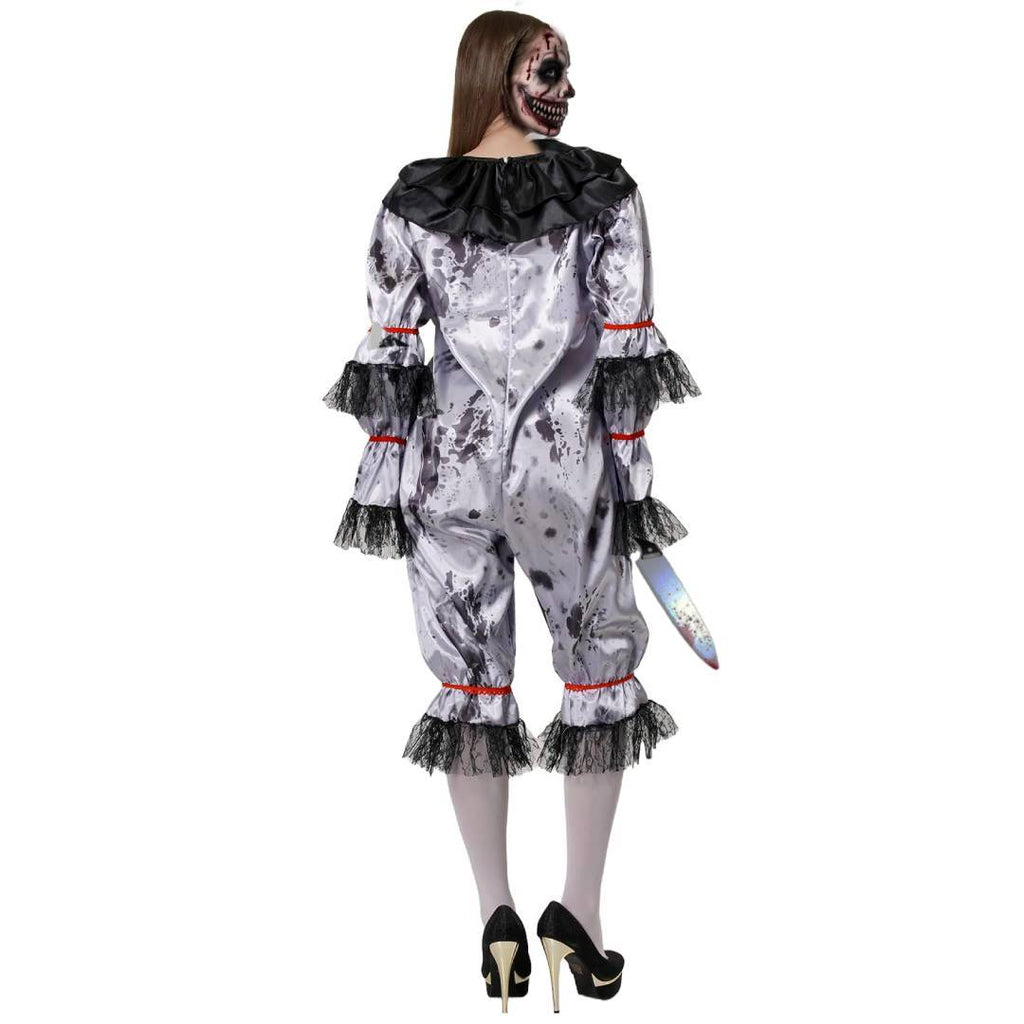 Disfraz de Payasa Asesina Terror para Mujer - Mono Satinado con Cuchillo Falso Halloween y Carnaval Talla S-M-L