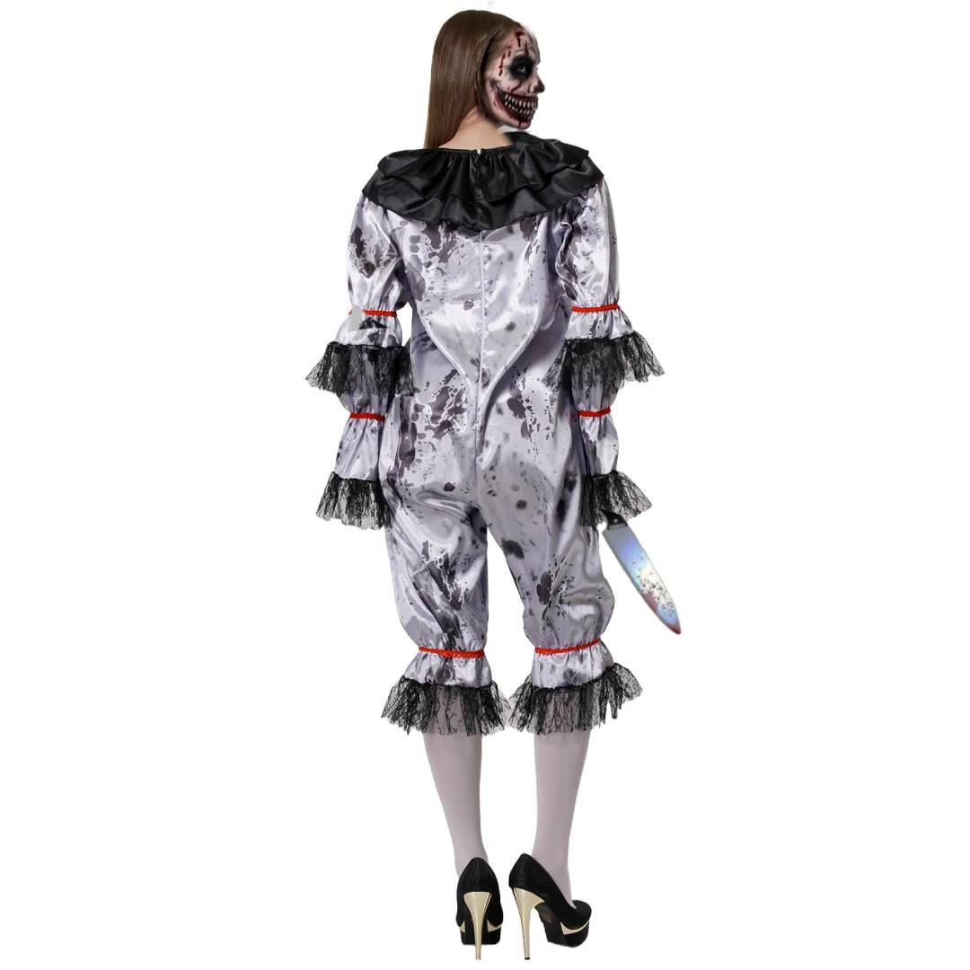 Disfraz de Payasa Asesina Terror para Mujer - Mono Satinado con Cuchillo Falso Halloween y Carnaval Talla S-M-L