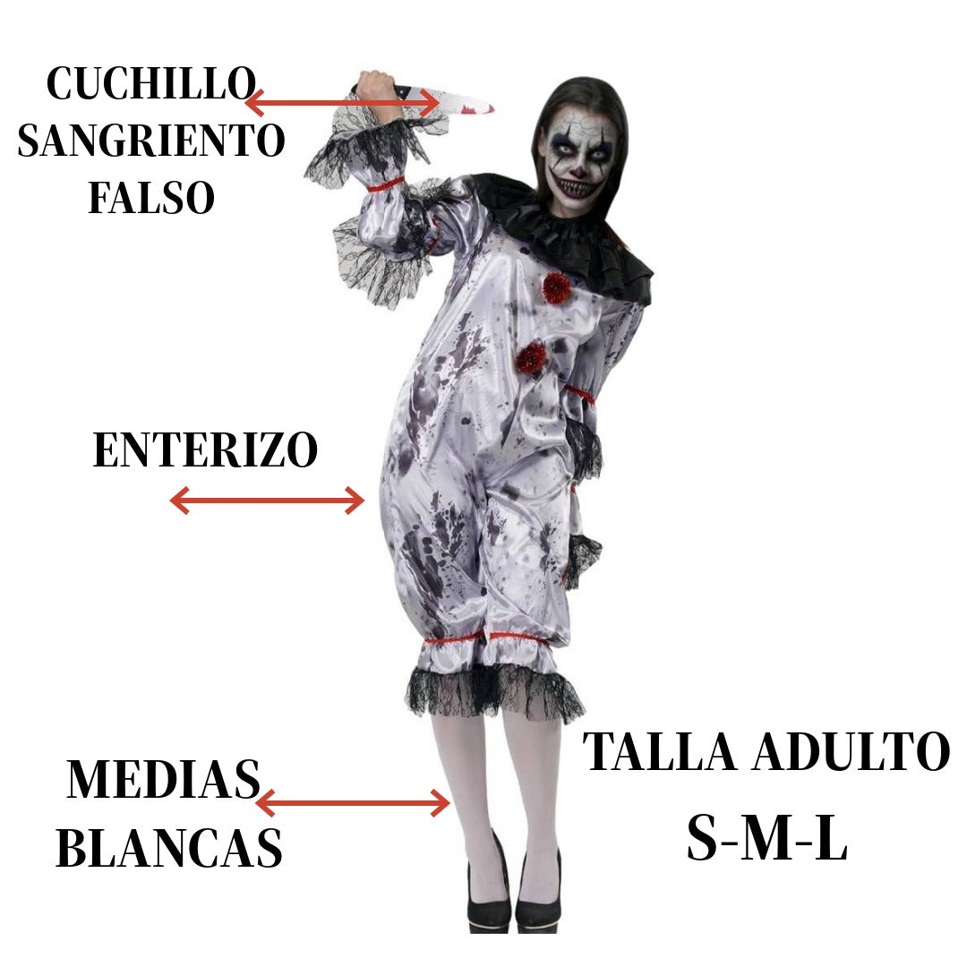 Disfraz de Payasa Asesina Terror para Mujer - Mono Satinado con Cuchillo Falso Halloween y Carnaval Talla S-M-L