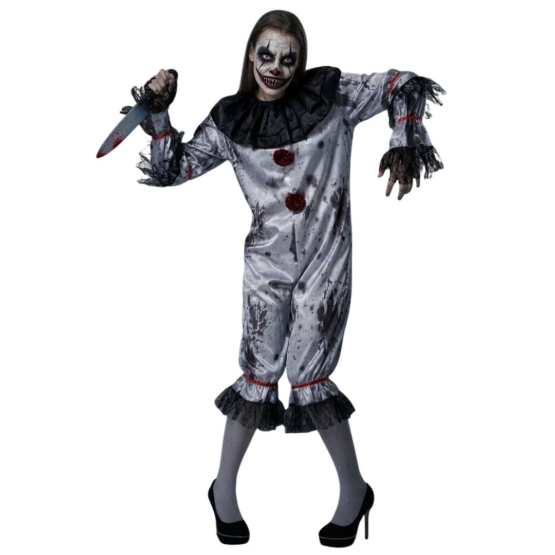 Disfraz de Payasa Asesina Terror para Mujer - Mono Satinado con Cuchillo Falso Halloween y Carnaval Talla S-M-L