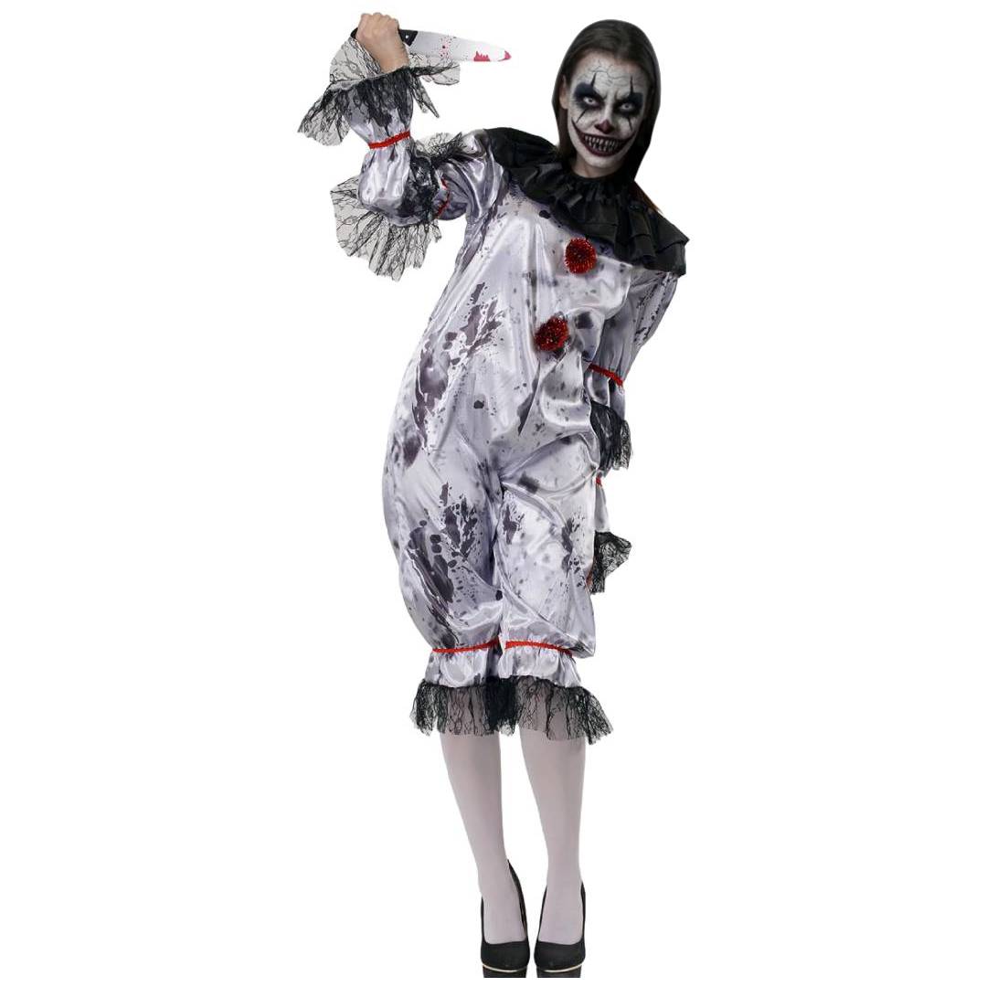 Disfraz de Payasa Asesina Terror para Mujer - Mono Satinado con Cuchillo Falso Halloween y Carnaval Talla S-M-L
