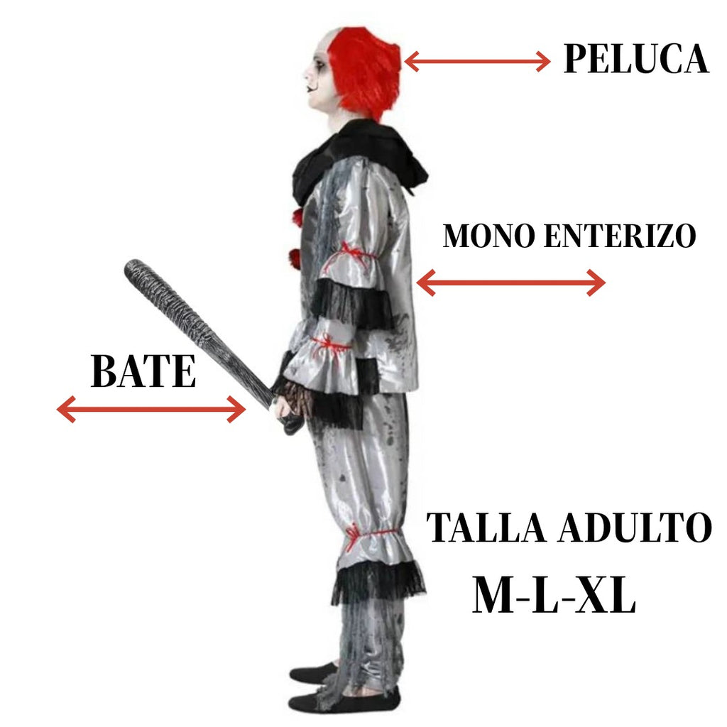 Disfraz de Payaso Siniestro Adulto con Bate y Peluca Roja - Kit Completo para Halloween y Pasajes del Terror Talla M-XL