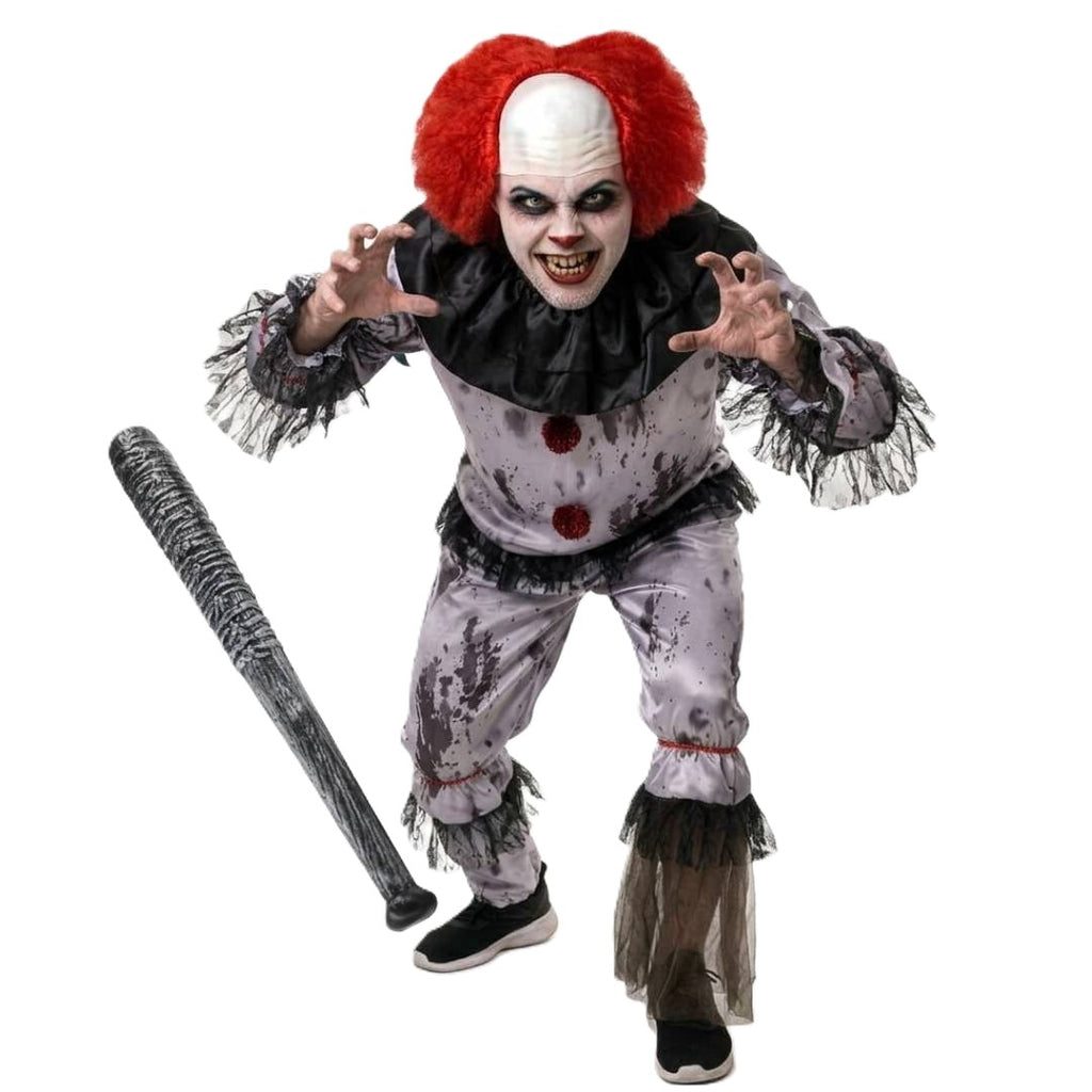 Disfraz de Payaso Siniestro Adulto con Bate y Peluca Roja - Kit Completo para Halloween y Pasajes del Terror Talla M-XL