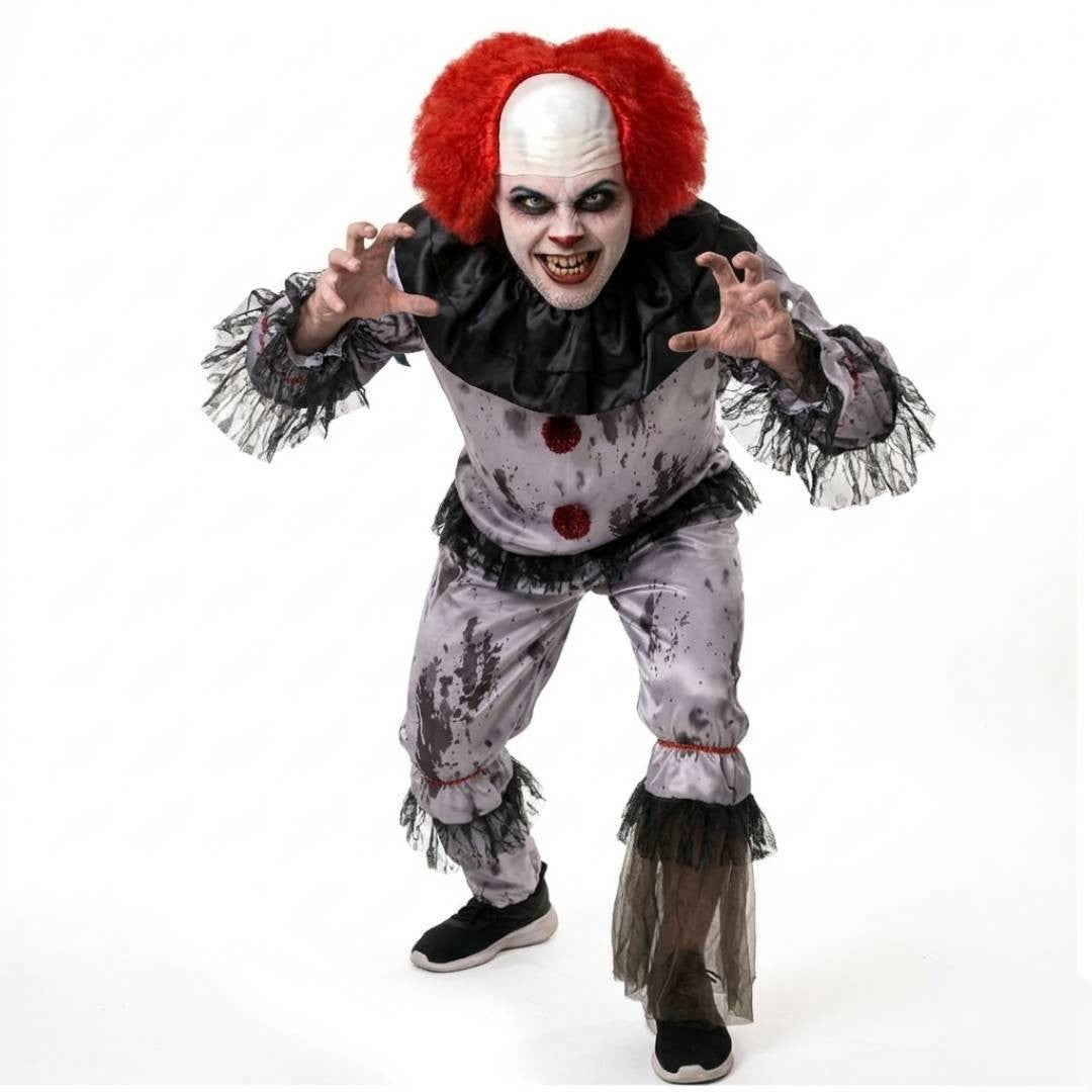 Disfraz de Payaso Siniestro Adulto con Bate y Peluca Roja - Kit Completo para Halloween y Pasajes del Terror Talla M-XL
