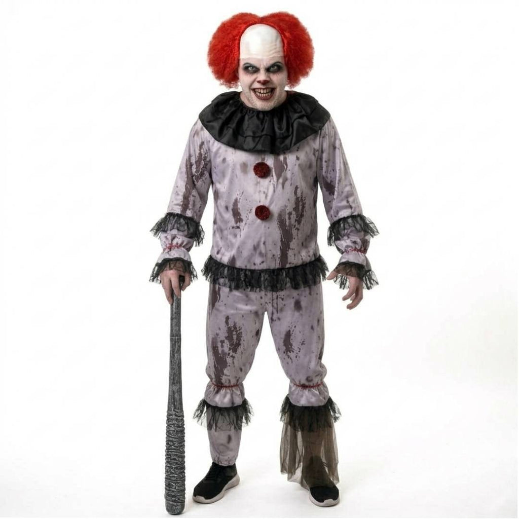Disfraz de Payaso Siniestro Adulto con Bate y Peluca Roja - Kit Completo para Halloween y Pasajes del Terror Talla M-XL