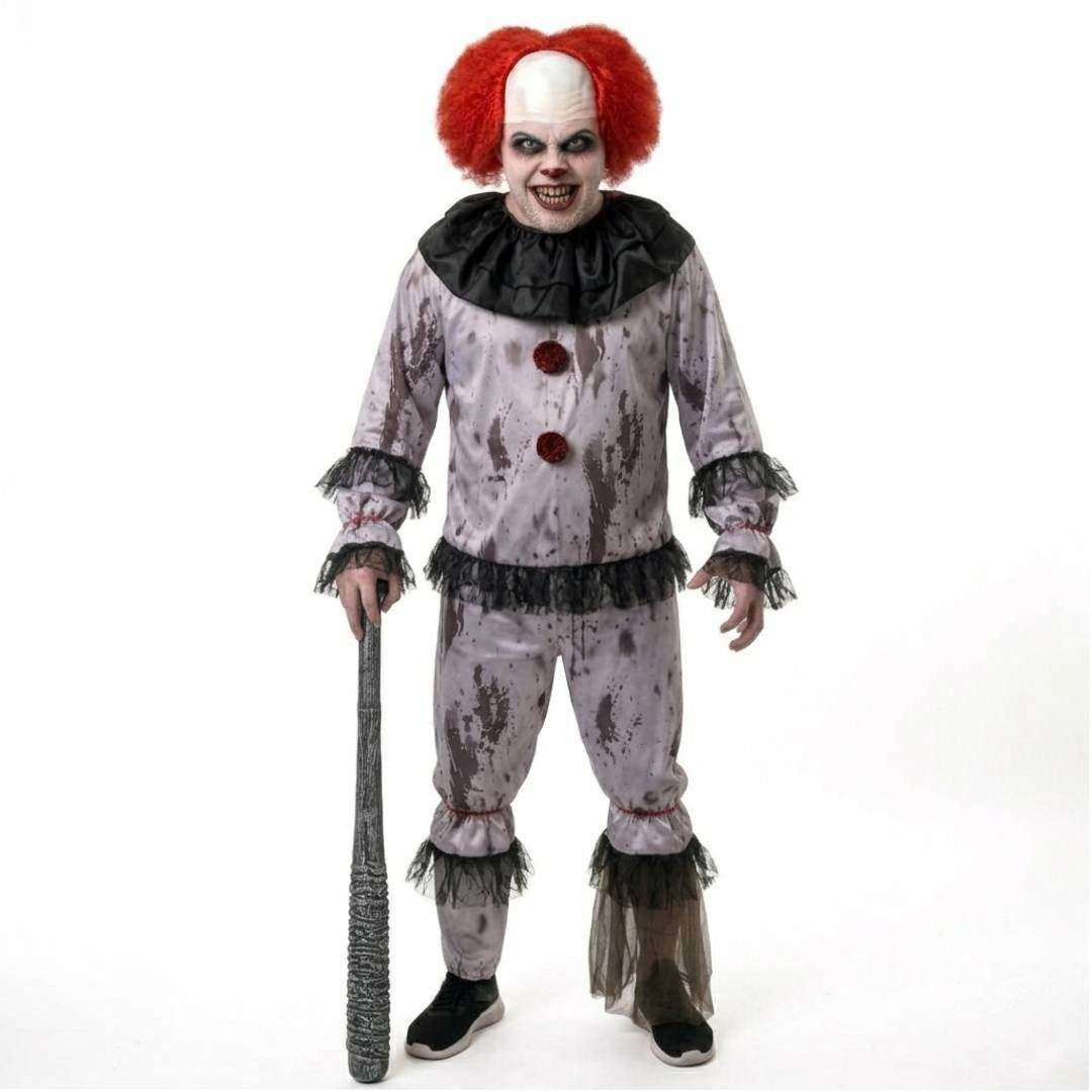 Disfraz de Payaso Siniestro Adulto con Bate y Peluca Roja - Kit Completo para Halloween y Pasajes del Terror Talla M-XL