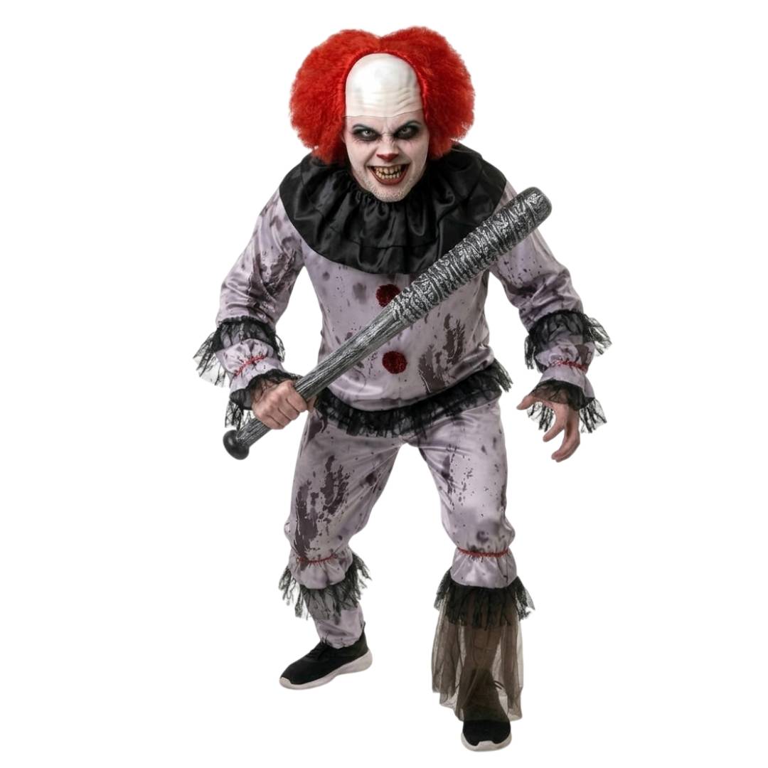 Disfraz de Payaso Siniestro Adulto con Bate y Peluca Roja - Kit Completo para Halloween y Pasajes del Terror Talla M-XL