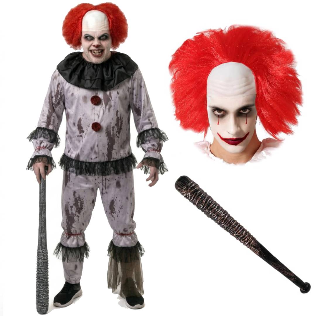 Disfraz de Payaso Siniestro Adulto con Bate y Peluca Roja - Kit Completo para Halloween y Pasajes del Terror Talla M-XL