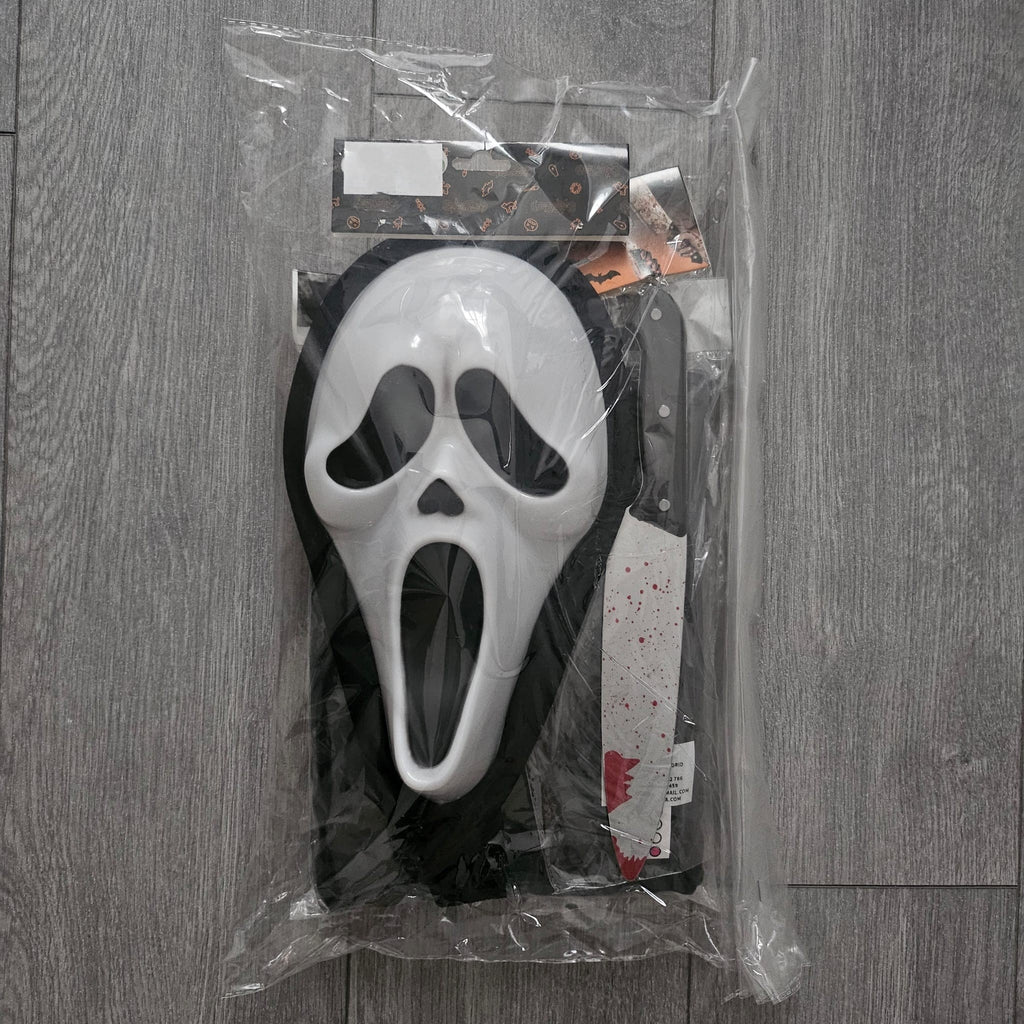 Pack Disfraz Terror Slasher - Máscara con Capucha, Guantes y Cuchillo Sangriento Falso - Talla Única Adulto y Niño - Kit Completo para Halloween, Carnaval y Fiestas Temáticas