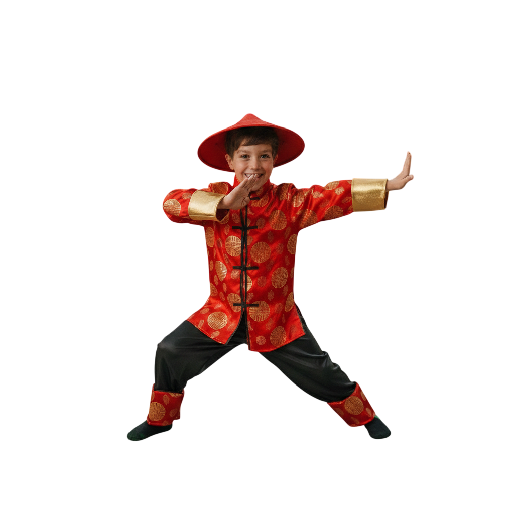 Disfraz de Guerrero Oriental para Niño - Conjunto Completo de 3 Piezas (Camisa, Pantalón y Sombrero) - Ideal para Carnaval, Halloween y Fiestas Temáticas - Rojo y Dorado Satinado