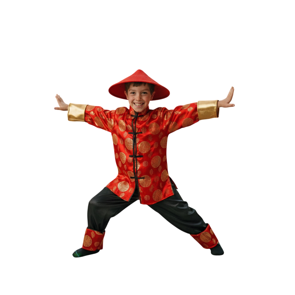 Disfraz de Guerrero Oriental para Niño - Conjunto Completo de 3 Piezas (Camisa, Pantalón y Sombrero) - Ideal para Carnaval, Halloween y Fiestas Temáticas - Rojo y Dorado Satinado