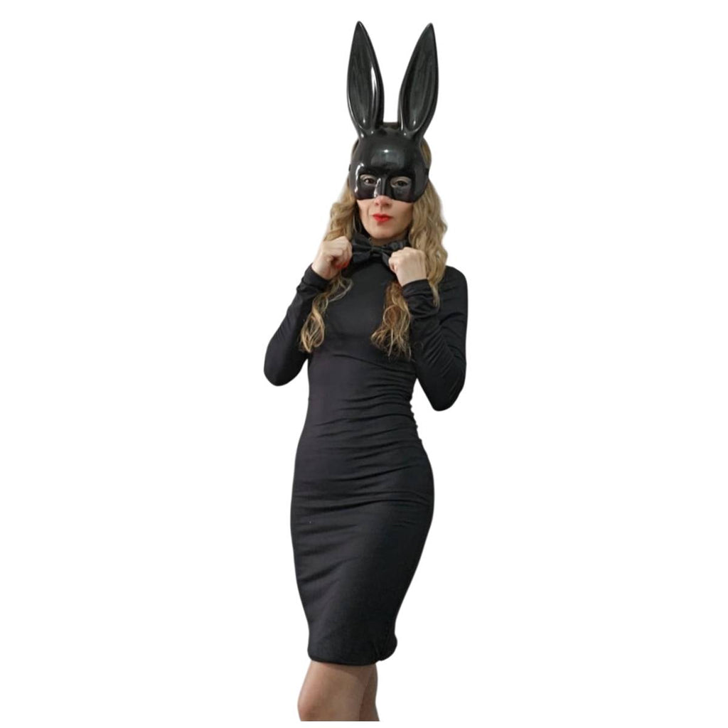 Disfraz Coneja Sexy Mujer - Vestido Negro para la Noche, Máscara y Pajarita - Halloween, Carnaval, Show Baile.