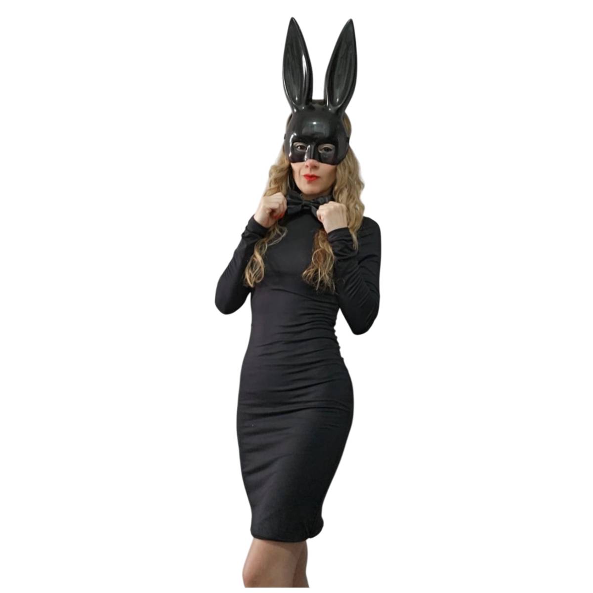 Disfraz Coneja Sexy Mujer - Vestido Negro para la Noche, Máscara y Pajarita - Halloween, Carnaval, Show Baile.