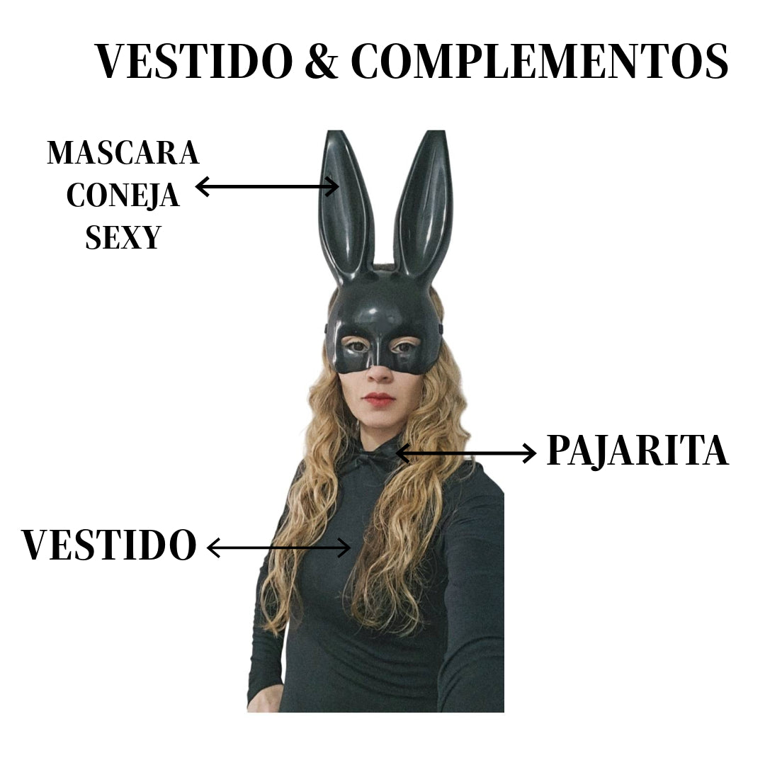 Disfraz Coneja Sexy Mujer - Vestido Negro para la Noche, Máscara y Pajarita - Halloween, Carnaval, Show Baile.