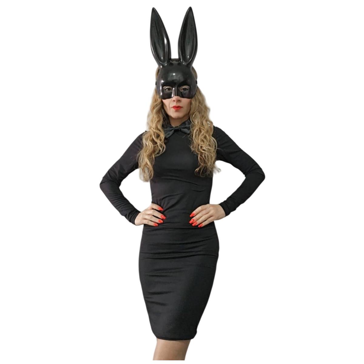 Disfraz Coneja Sexy Mujer - Vestido Negro para la Noche, Máscara y Pajarita - Halloween, Carnaval, Show Baile.