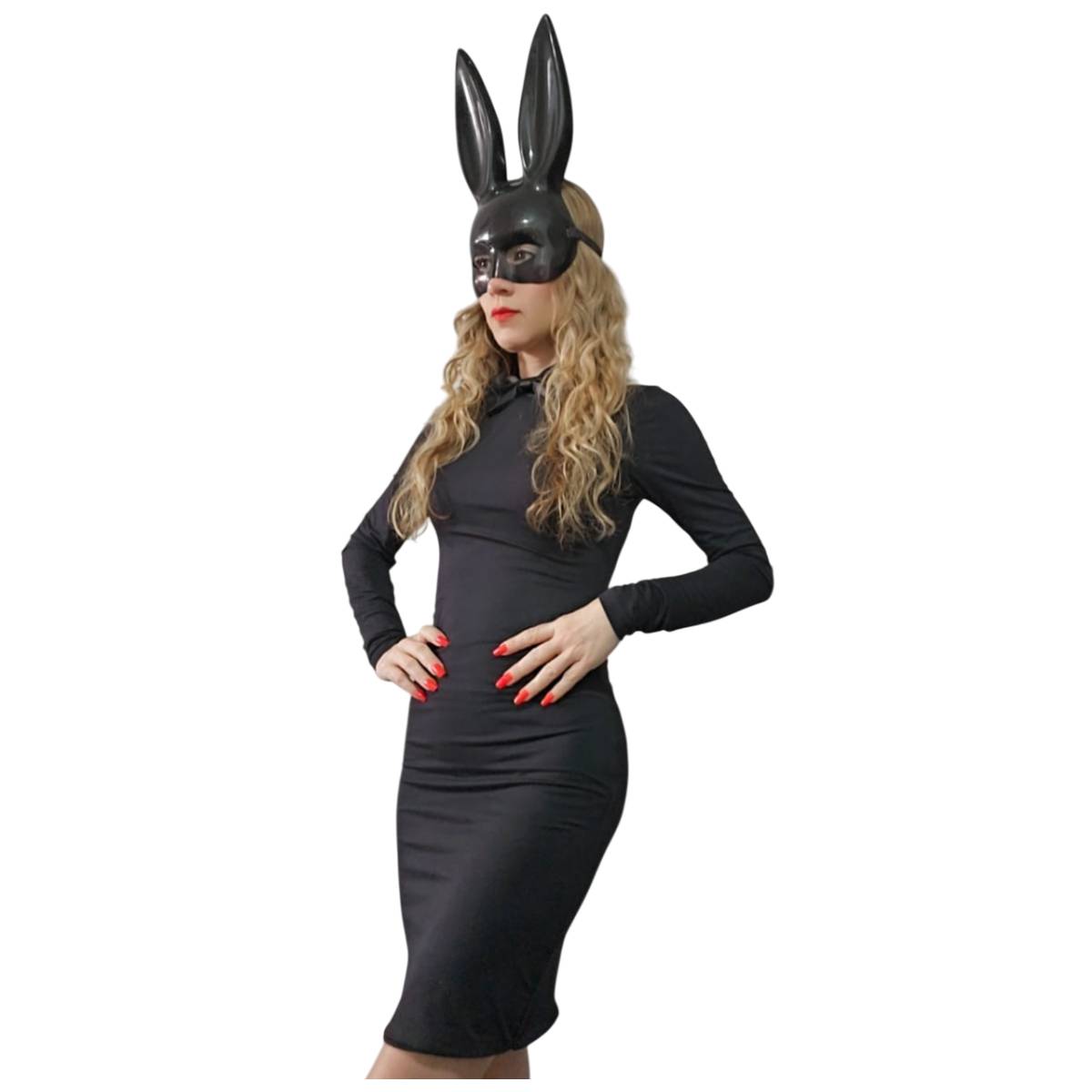 Disfraz Coneja Sexy Mujer - Vestido Negro para la Noche, Máscara y Pajarita - Halloween, Carnaval, Show Baile.