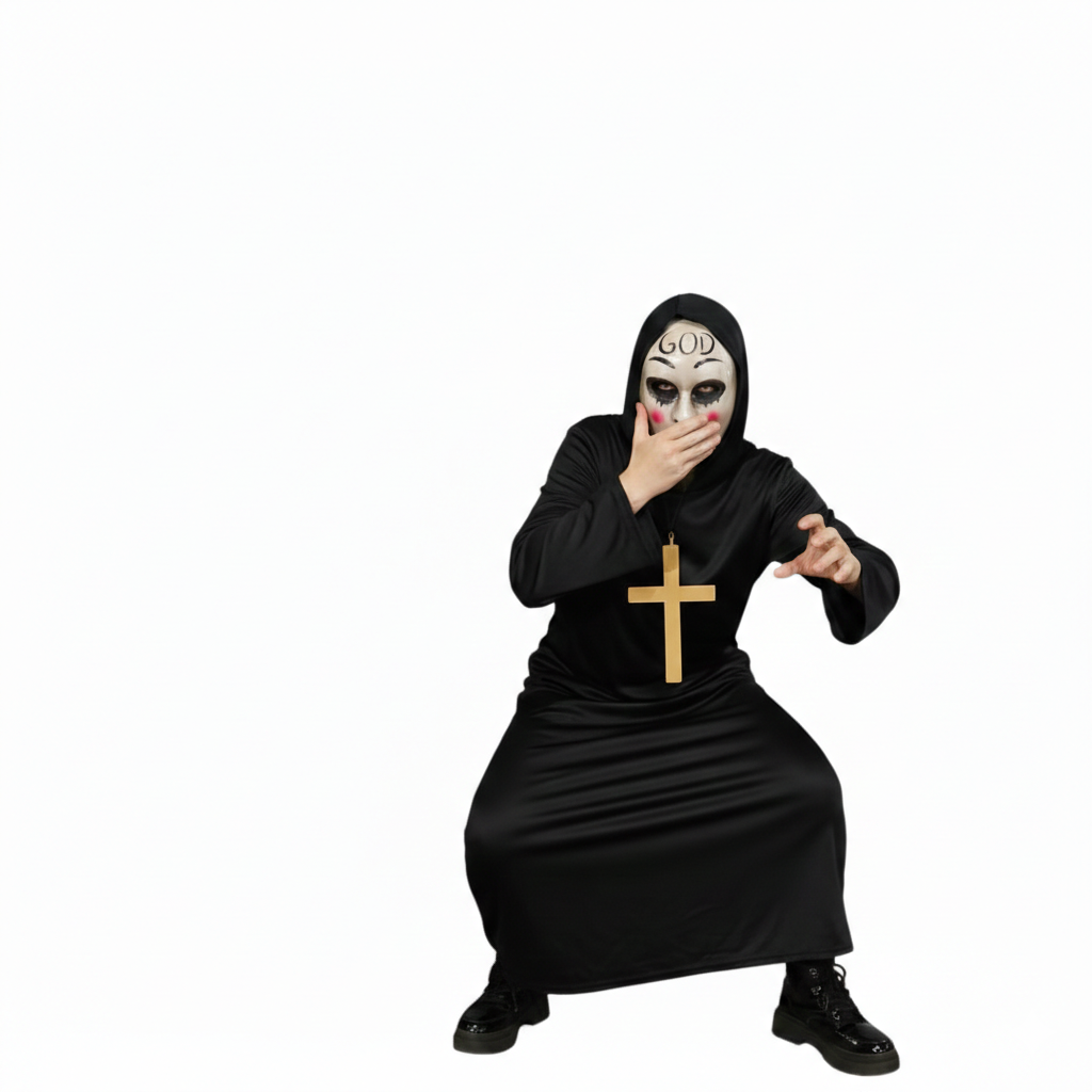 Disfraz de La purga Mujer, Monja Medieval, Religión | Túnica Negra con Capucha, Cruz dorada y Máscara God para Fiesta Halloween, Carnaval y eventos de cosplay