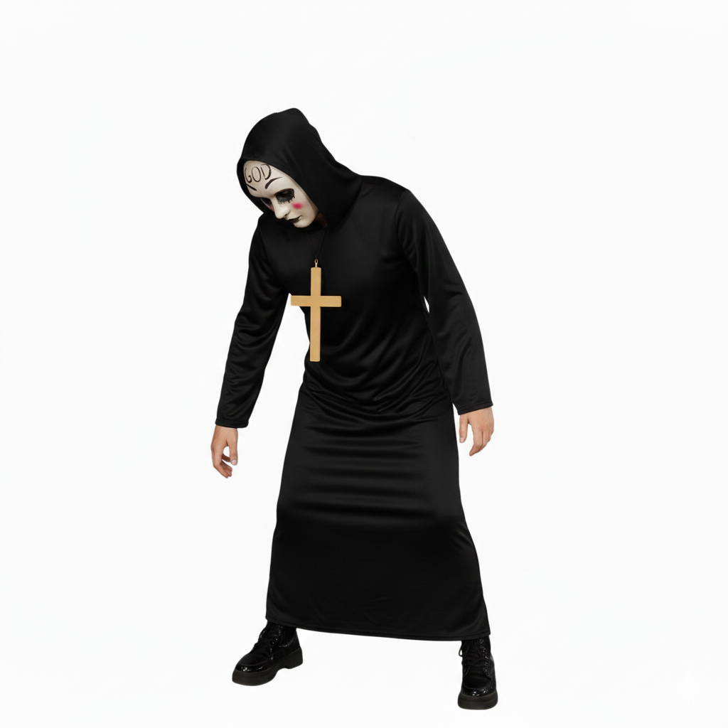 Disfraz de La purga Mujer, Monja Medieval, Religión | Túnica Negra con Capucha, Cruz dorada y Máscara God para Fiesta Halloween, Carnaval y eventos de cosplay