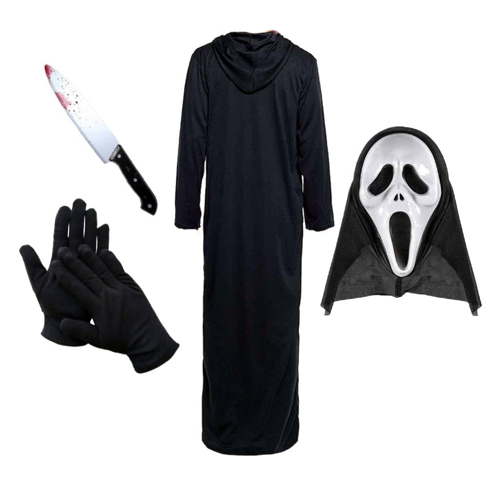 Disfraz de Asesino de Película de Terror para Adulto - Kit Completo con Túnica Negra, Máscara con Capucha, Guantes y Cuchillo Sangriento - Tallas S a XL para Halloween, Carnaval y Eventos de Miedo