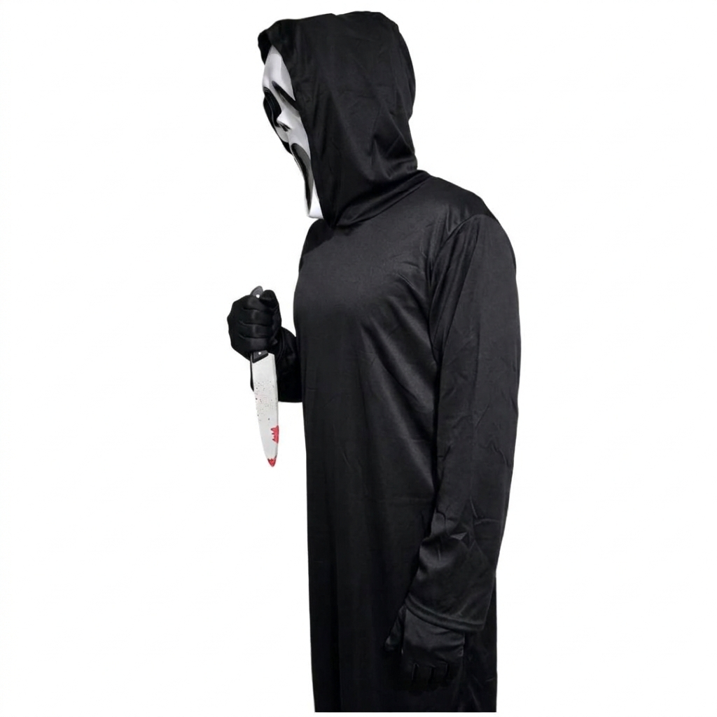 Disfraz de Asesino de Película de Terror para Adulto - Kit Completo con Túnica Negra, Máscara con Capucha, Guantes y Cuchillo Sangriento - Tallas S a XL para Halloween, Carnaval y Eventos de Miedo