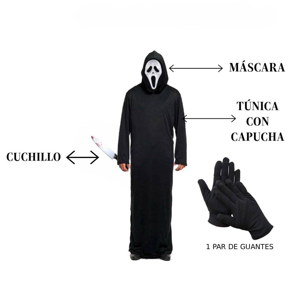 Disfraz de Asesino de Película de Terror para Adulto - Kit Completo con Túnica Negra, Máscara con Capucha, Guantes y Cuchillo Sangriento - Tallas S a XL para Halloween, Carnaval y Eventos de Miedo