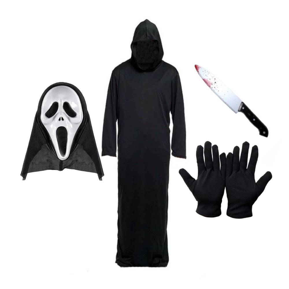 Disfraz de Asesino de Película de Terror para Adulto - Kit Completo con Túnica Negra, Máscara con Capucha, Guantes y Cuchillo Sangriento - Tallas S a XL para Halloween, Carnaval y Eventos de Miedo