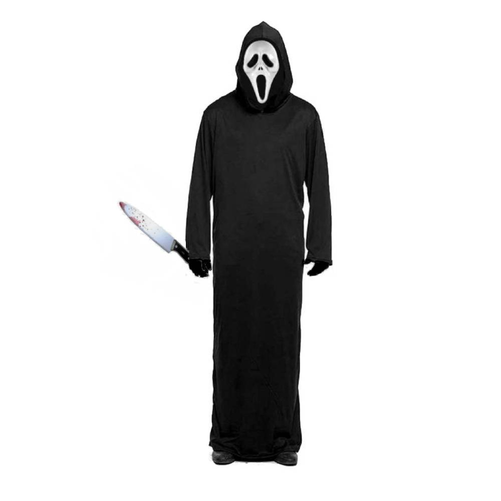 Disfraz de Asesino de Película de Terror para Adulto - Kit Completo con Túnica Negra, Máscara con Capucha, Guantes y Cuchillo Sangriento - Tallas S a XL para Halloween, Carnaval y Eventos de Miedo