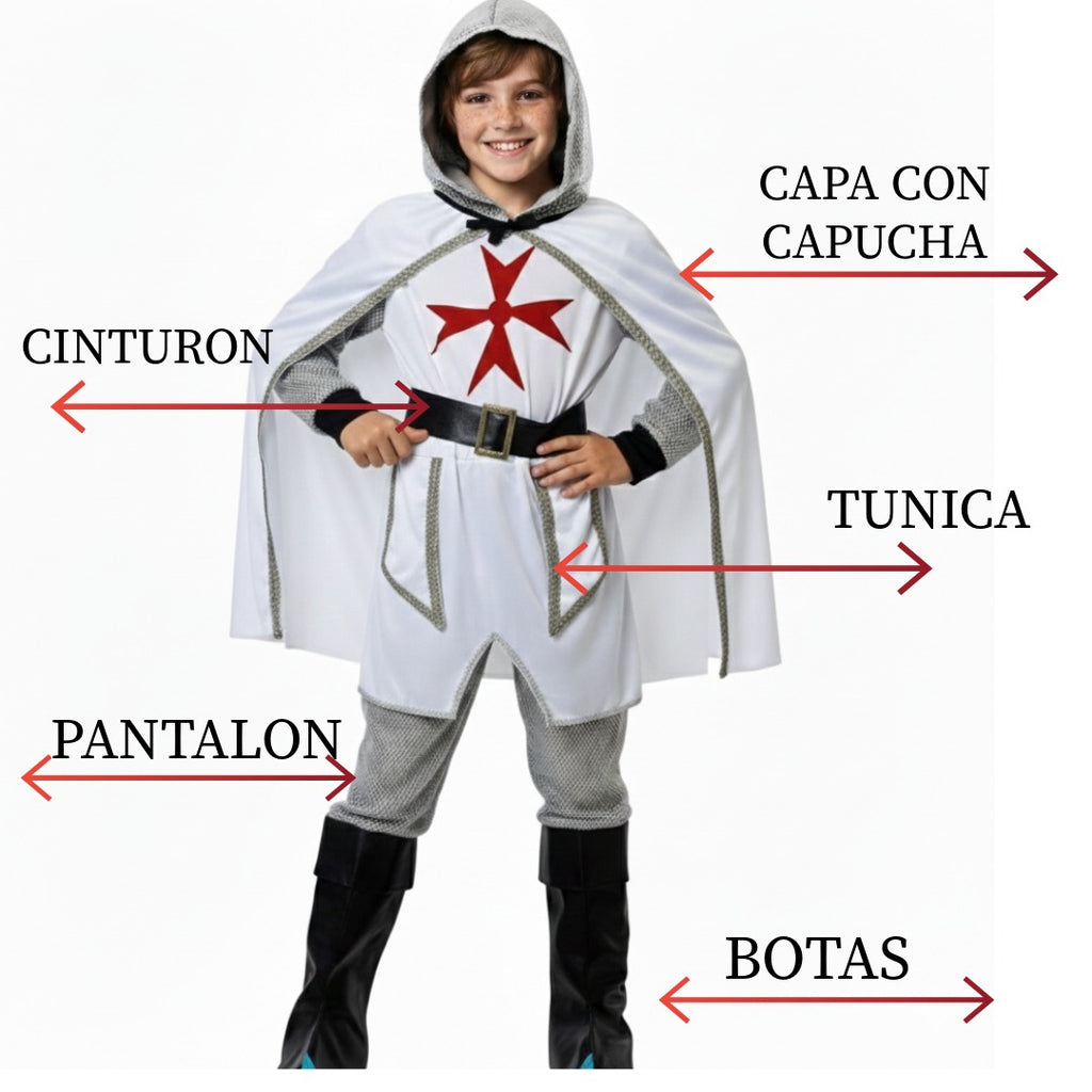 Disfraz Guerrero Medieval para Niño - Incluye Túnica, Capa con Capucha, Cinturón y Botas - Ideal para Carnaval, Halloween y Fiestas de Disfraces - Tallas 3 a 12 Años