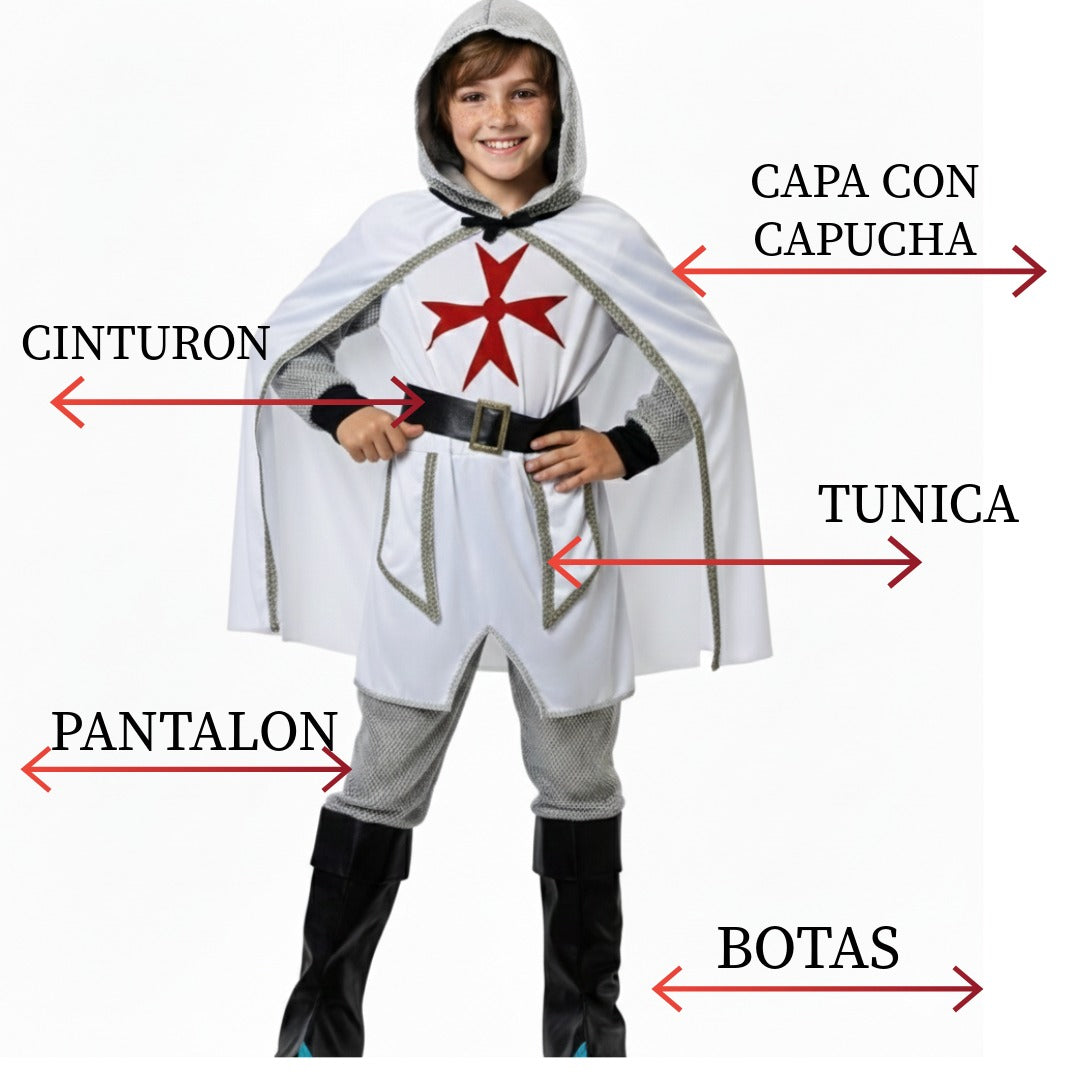 Disfraz Guerrero Medieval para Niño - Incluye Túnica, Capa con Capucha, Cinturón y Botas - Ideal para Carnaval, Halloween y Fiestas de Disfraces - Tallas 3 a 12 Años