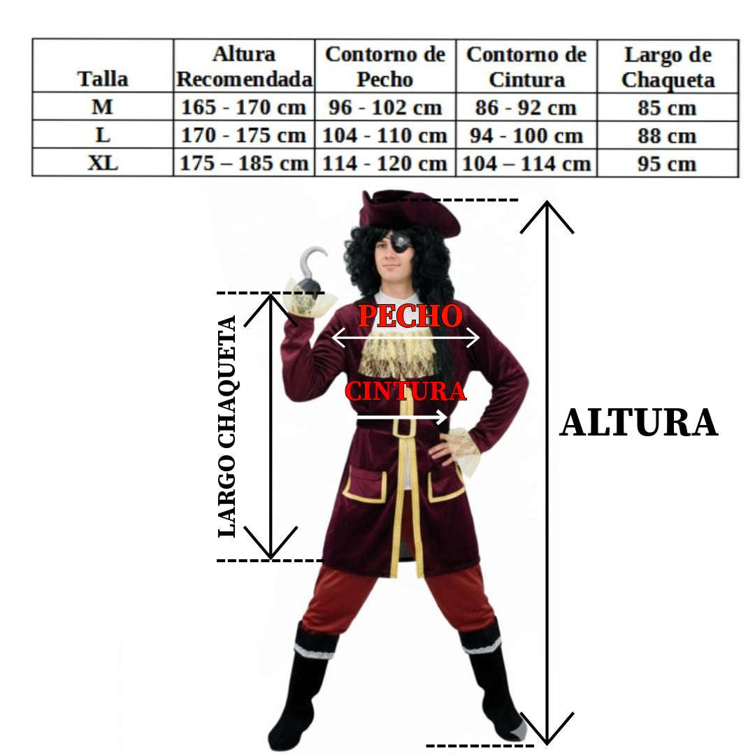 Disfraz de Capitán Garfio para Hombre | Traje Pirata de Lujo para Carnaval y Fiesta Halloween | Talla M,L,XL