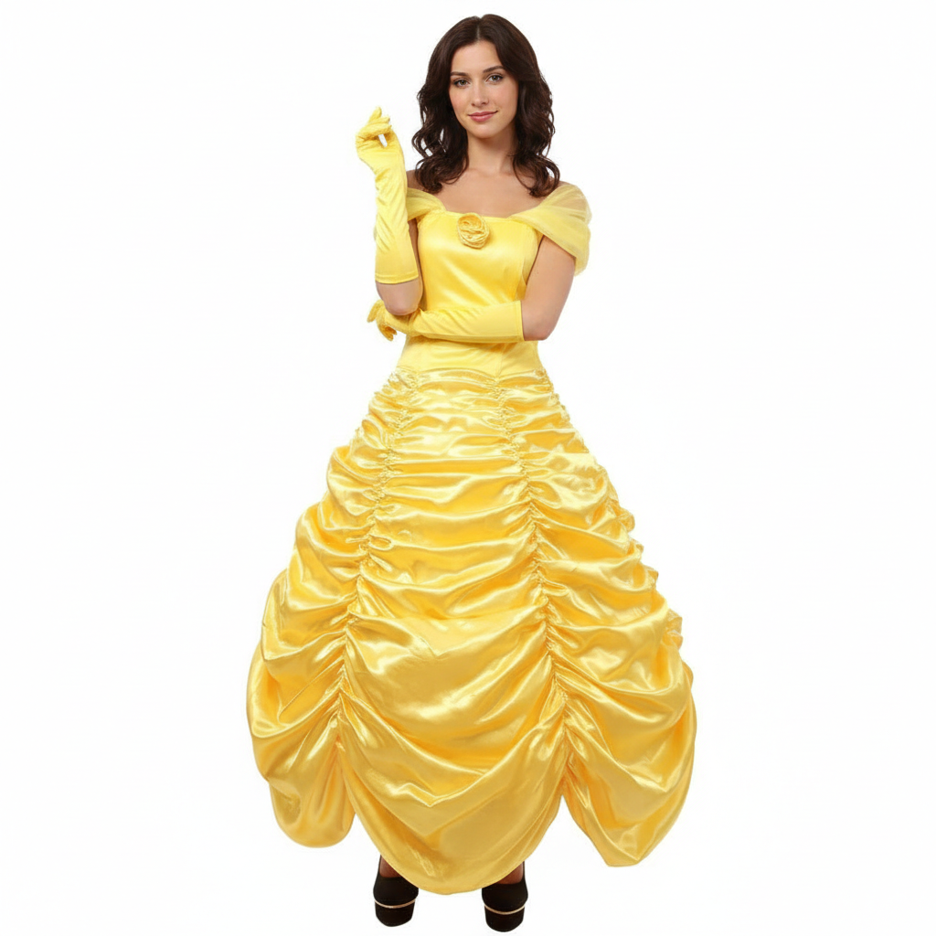 Disfraz Princesa Amarilla Cuento Hadas para Mujer - Vestido de Gala Amarillo Satinado con Guantes, Estilo Clásico de Época para Carnaval, Fiestas Temáticas y Cosplay - Tallas S, M, L