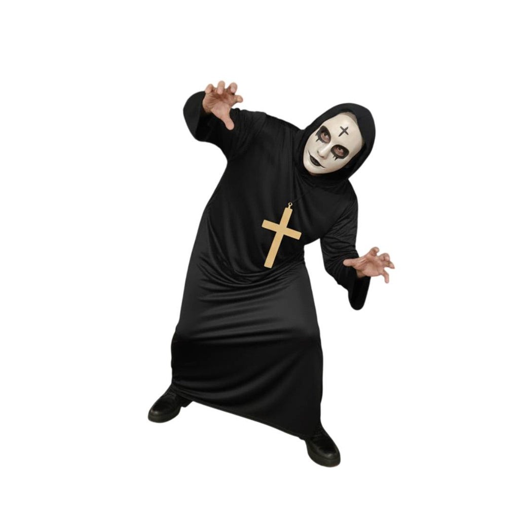 Disfraz de La purga Hombre, Monje Medieval, Religión | Túnica Negra con Capucha, Cruz dorada y Máscara para Fiesta Halloween, Carnaval y eventos de cosplay