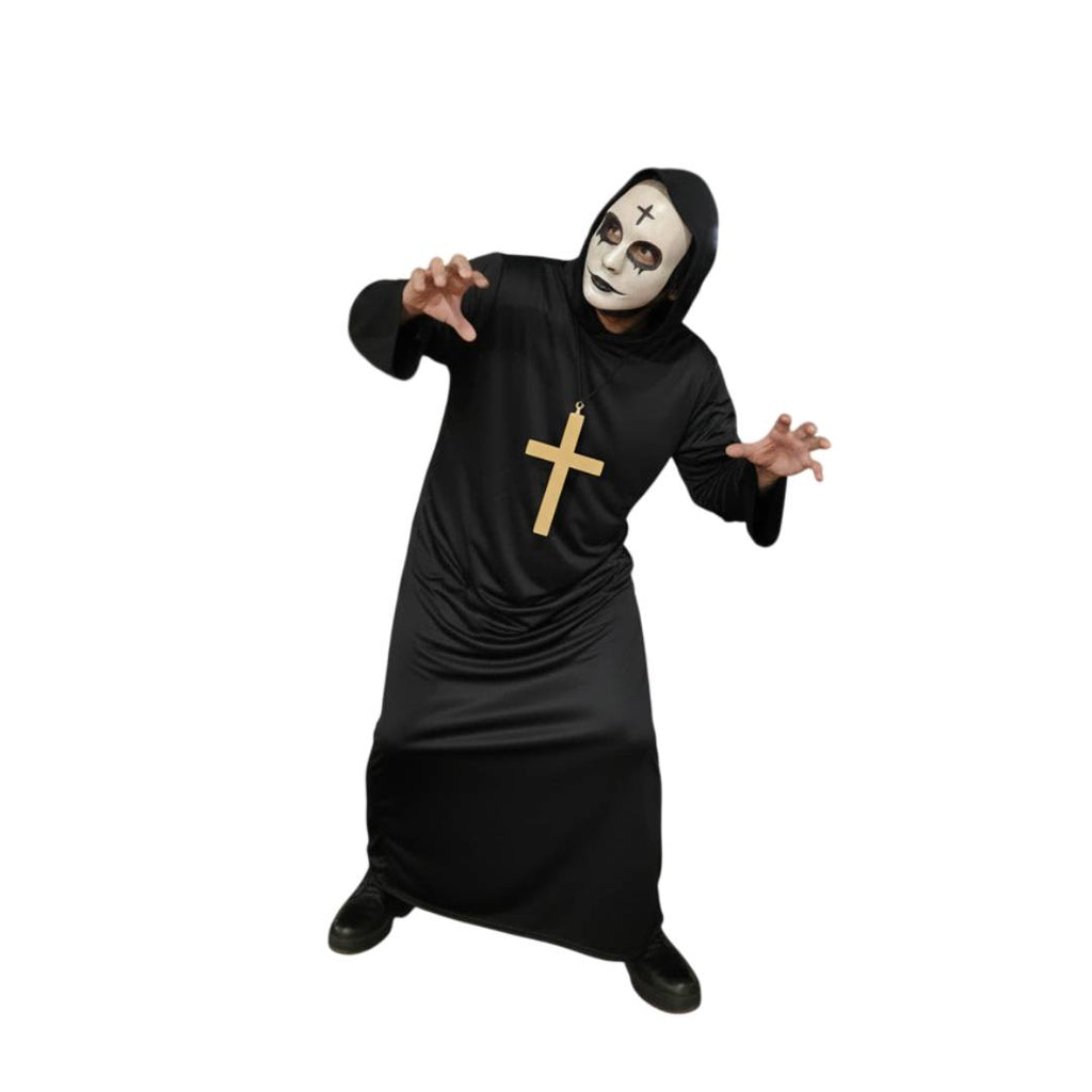 Disfraz de La purga Hombre, Monje Medieval, Religión | Túnica Negra con Capucha, Cruz dorada y Máscara para Fiesta Halloween, Carnaval y eventos de cosplay