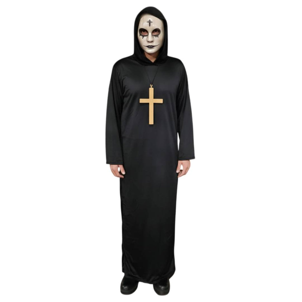 Disfraz de La purga Hombre, Monje Medieval, Religión | Túnica Negra con Capucha, Cruz dorada y Máscara para Fiesta Halloween, Carnaval y eventos de cosplay