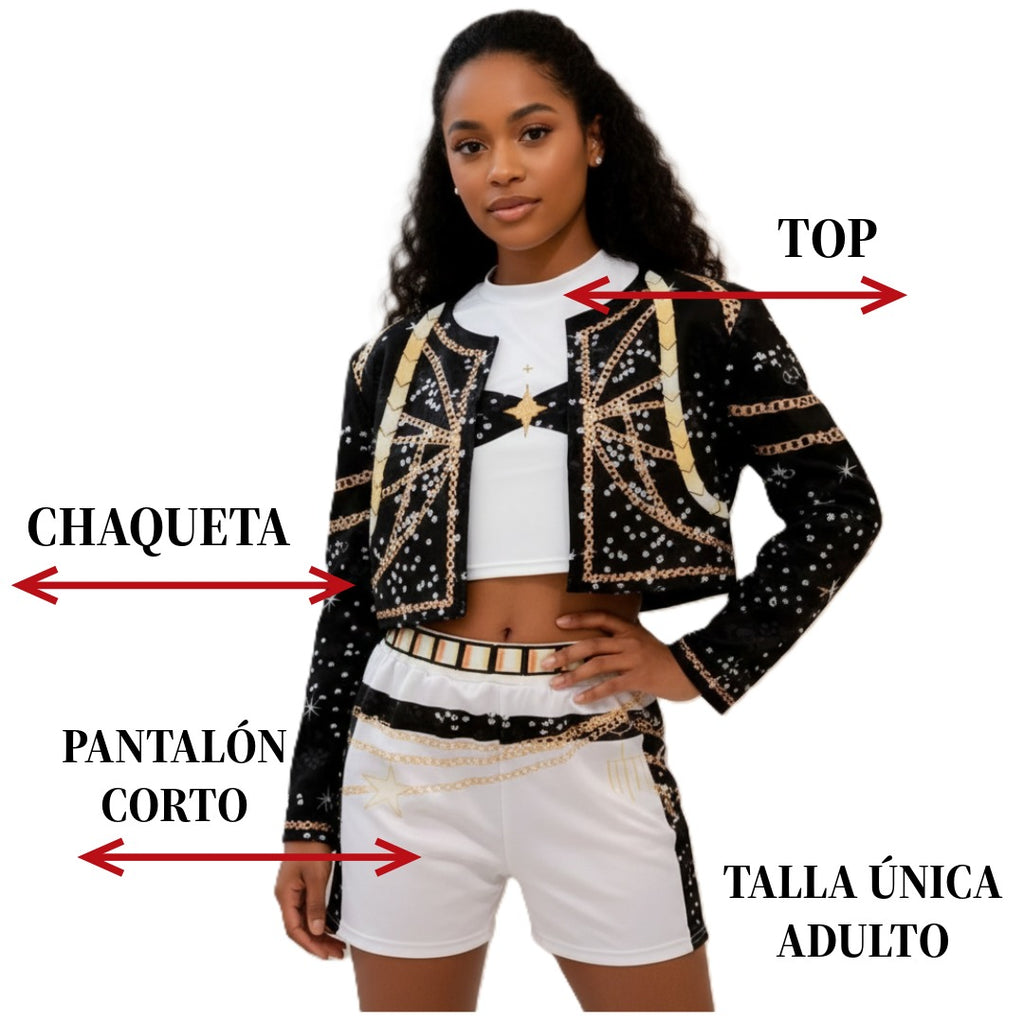 Disfraz de Estrella Pop para Mujer Conjunto 3 Piezas Chaqueta Brillante Top y Pantalón Corto Talla Única S/M Fiesta