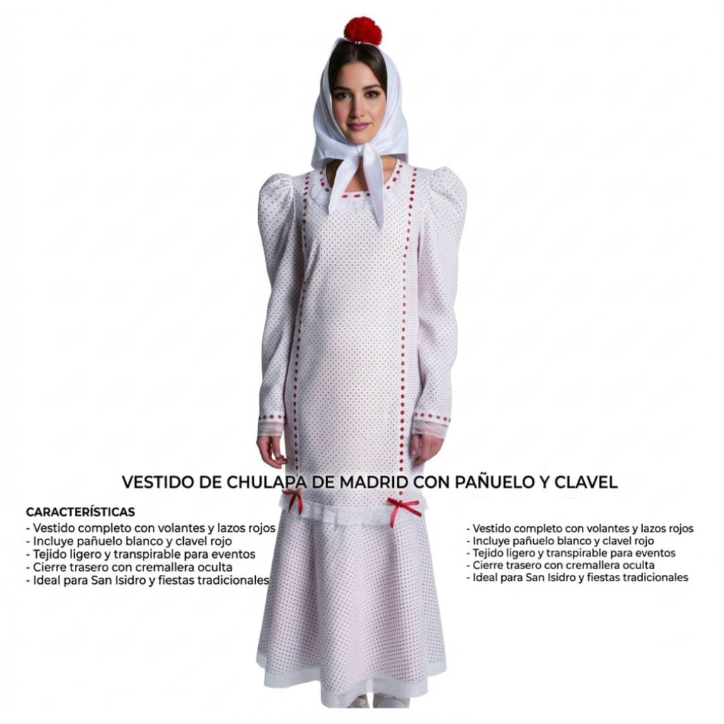 Disfraz de Chulapa Madrileña Mujer con Vestido, Pañuelo y Clavel Rojo - Traje Tradicional San Isidro Tallas XS a L