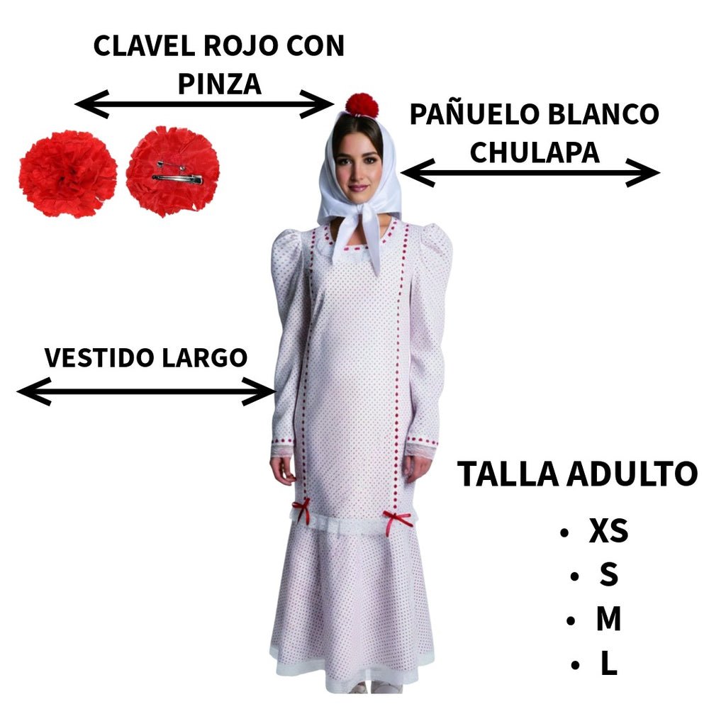 Disfraz de Chulapa Madrileña Mujer con Vestido, Pañuelo y Clavel Rojo - Traje Tradicional San Isidro Tallas XS a L
